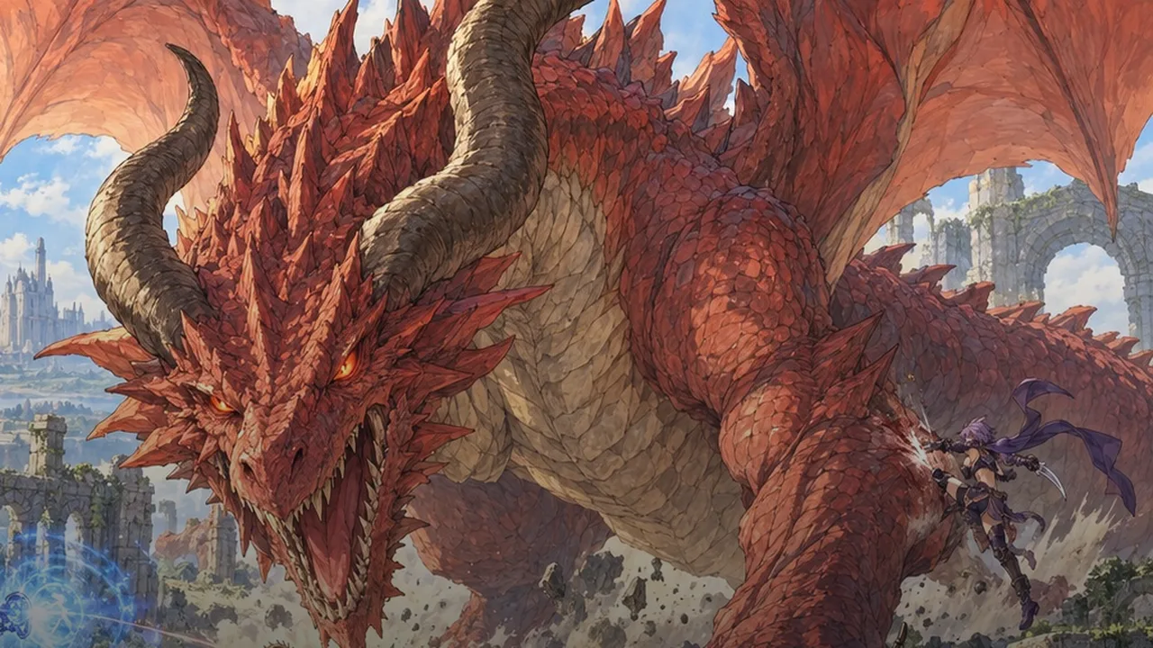 Brasarion, o Dragão Rubro, diante de um grupo de aventureiros